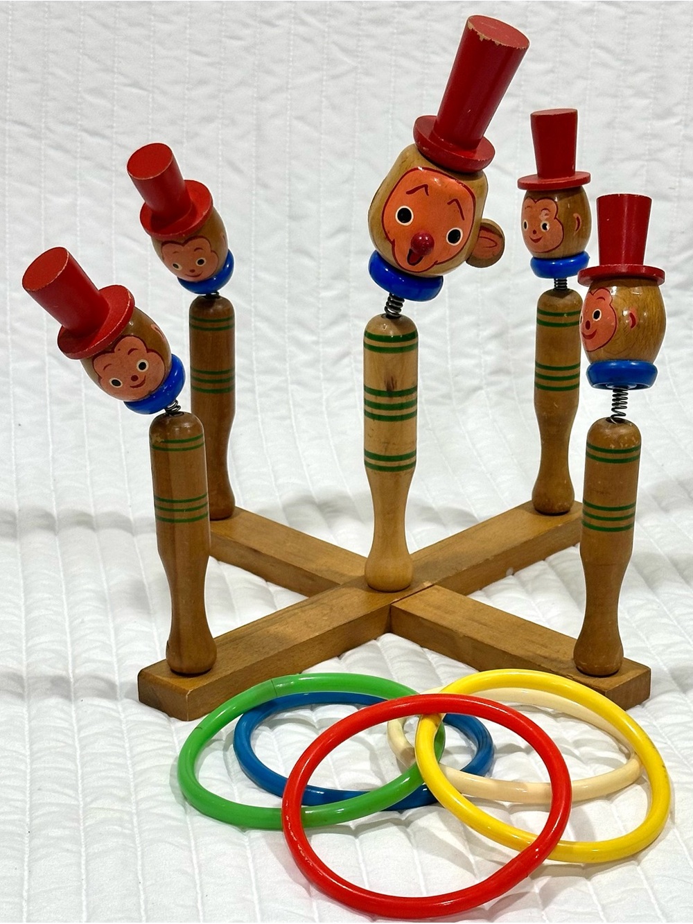 Vintage 1960’s Wooden Ring Toss Game with Red-Top Clown Pegs